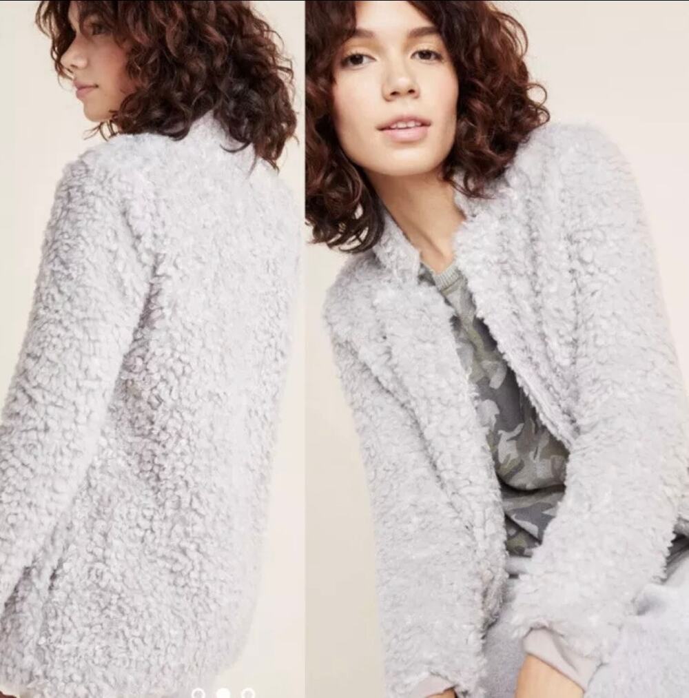 New Anthropologie Bishop & Young Rosella Faux Sherpa Fur Teddy Coat Jacket Gray